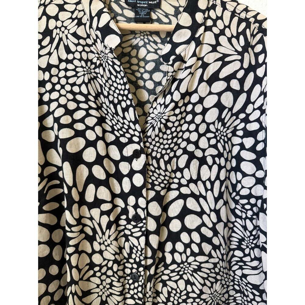 Saint Tropez West Shirt Women's 2X Beige Black Linen Button Up Boho Art Deco Top - Picture 5 of 11